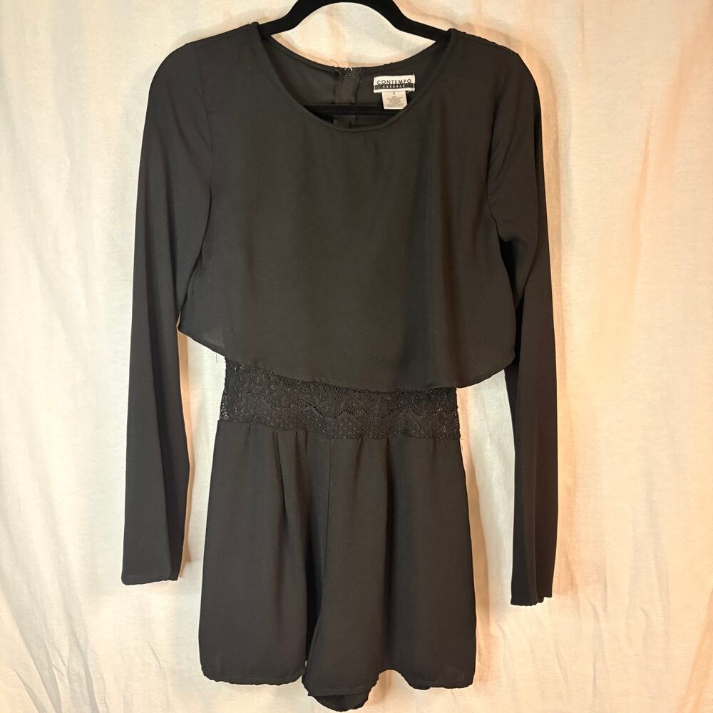 Contempo Casuals Black Lace Waist Long Sleeve Romper Size S